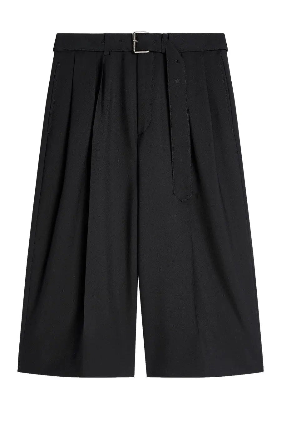 Black pleated wide-leg shorts with matching belt and silver buckle from Dries Van Noten mens belted pants black collection