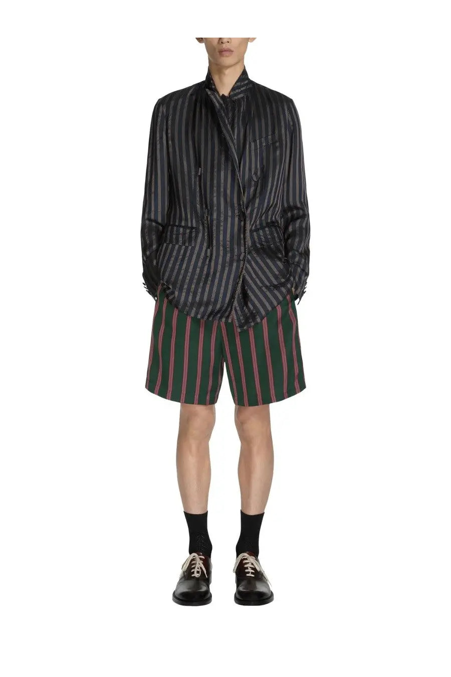 Dries van Noten men’s blazer balto blue in dark gray and black vertical stripes with subtle sheen and relaxed fit