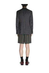 Dries Van Noten men’s Balto Blue blazer in dark gray and black vertical stripes with matching green and red striped shorts