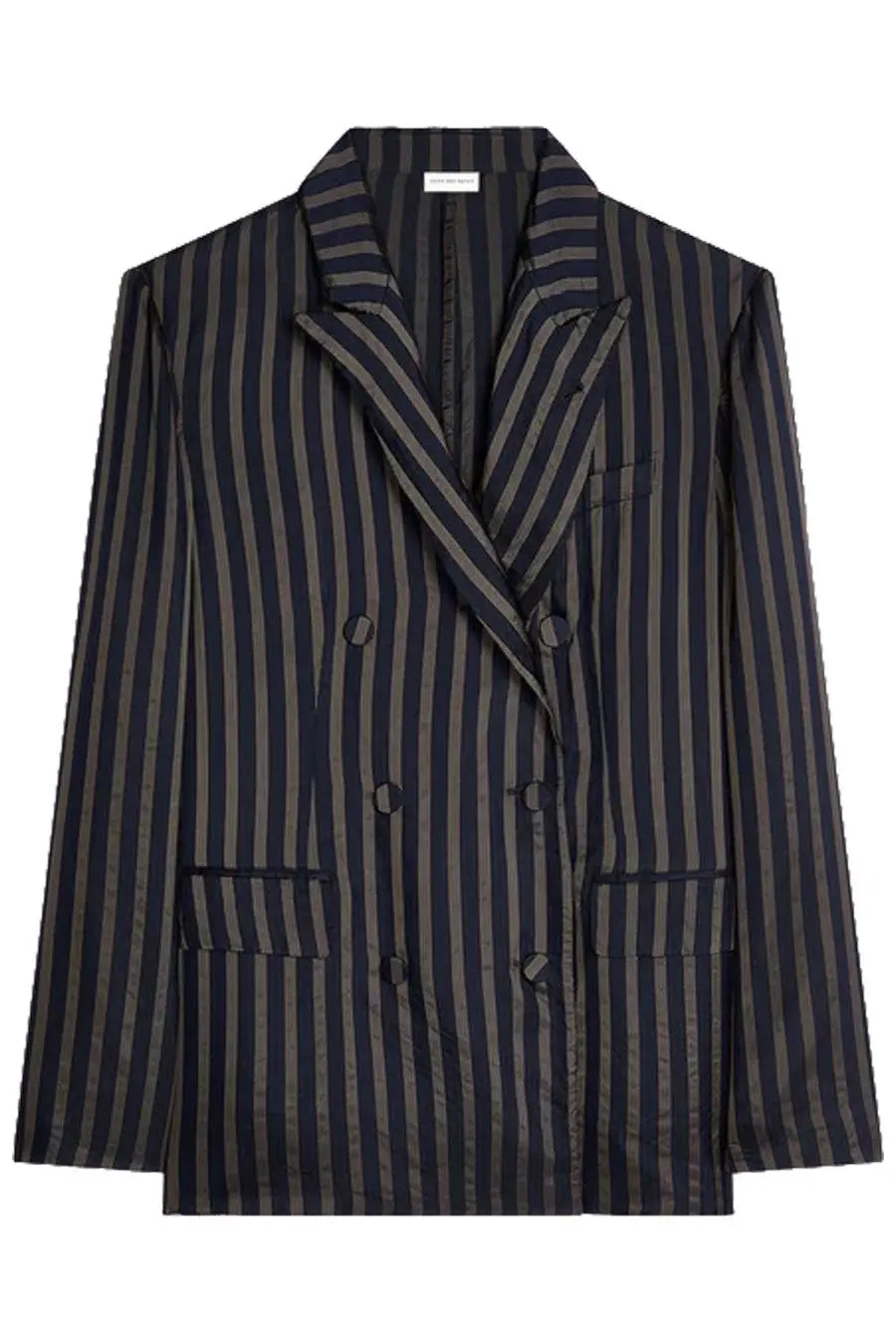 Dries Van Noten men’s blazer Balto Blue in navy and gray vertical stripes with a sleek tailored double-breasted fit