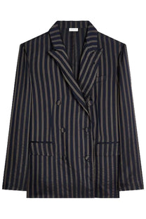 Dries Van Noten men’s blazer Balto Blue in navy and gray vertical stripes with a sleek tailored double-breasted fit