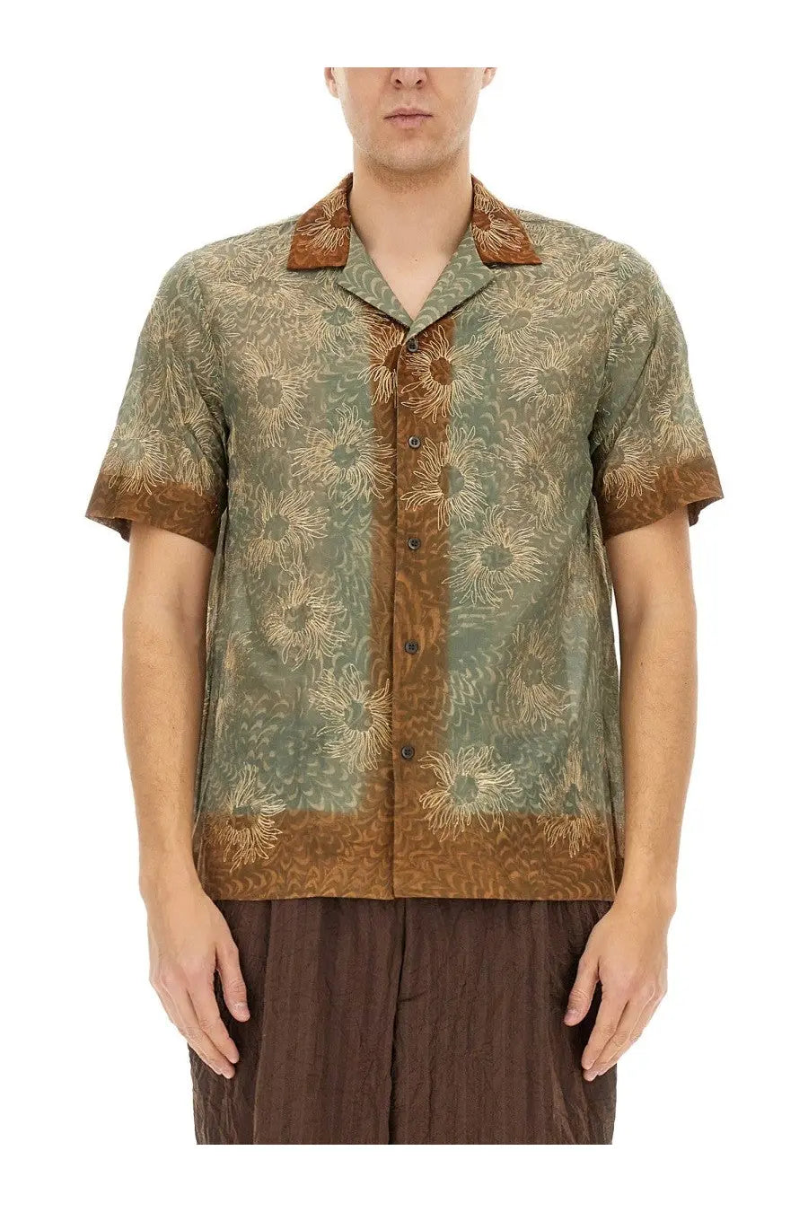 Dries Van Noten men’s boxy fit shirt in olive-green and brown floral pattern with short sleeves and subtle sheen
