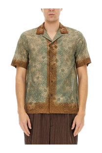Dries Van Noten men’s boxy fit shirt in olive-green and brown floral pattern with short sleeves and subtle sheen