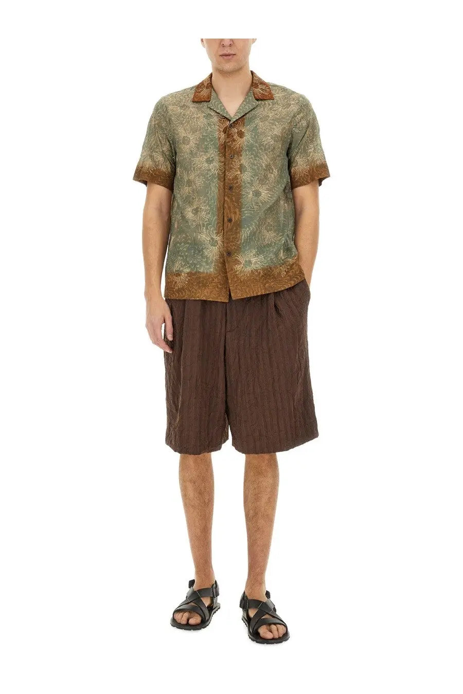 Dries van noten men’s boxy fit short-sleeved shirt in muted green with brown floral patterns and matching trim