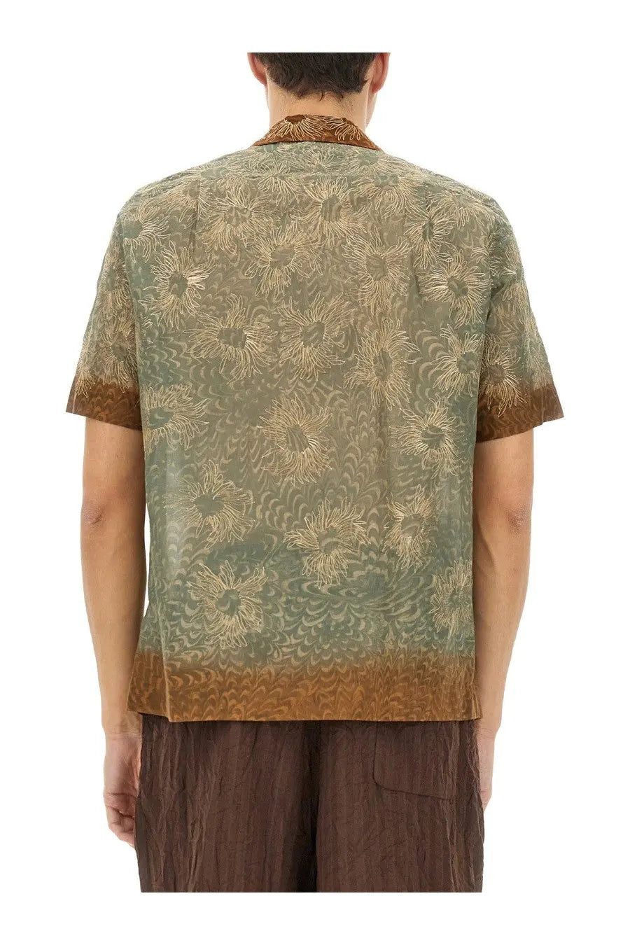 Dries Van Noten men’s boxy fit short-sleeved shirt with green brown gradient and gold floral pattern