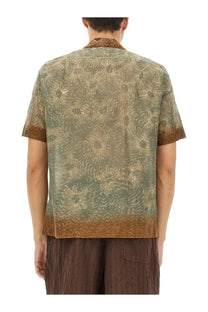 Dries Van Noten men’s boxy fit short-sleeved shirt with green brown gradient and gold floral pattern