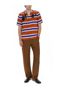 Dries Van Noten men’s camicia carltone short-sleeved button-up shirt with orange white purple stripes and black floral embroidery