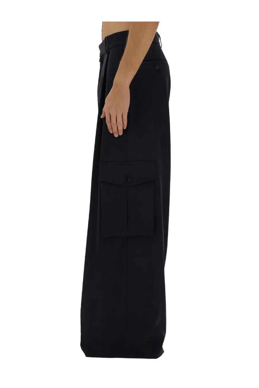 Black Dries Van Noten men’s wide-leg cargo pants with belted waist and large front pocket in blue fabric