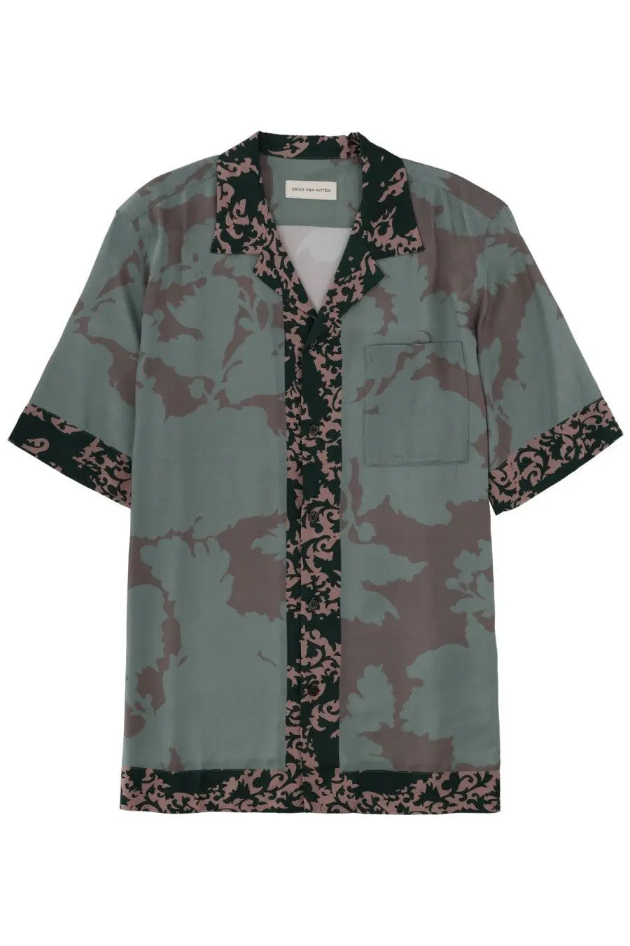 Dries Van Noten men’s Carlton shirt in muted sage green with brown black floral patterns and pink lace trim