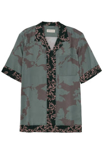 Dries Van Noten men’s Carlton shirt in muted sage green with brown black floral patterns and pink lace trim