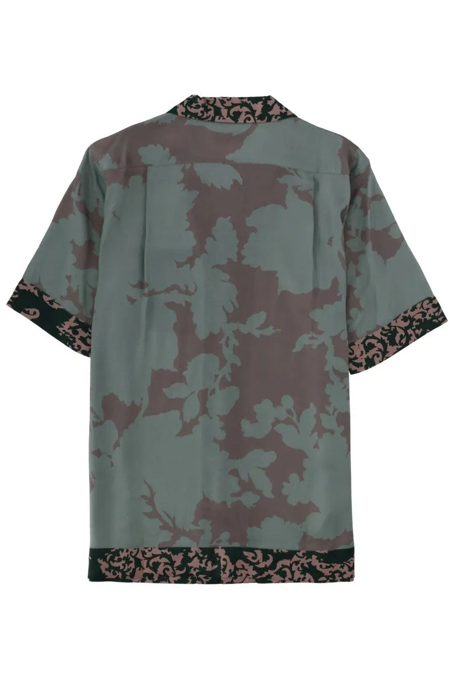 Dries Van Noten men’s Carlton shirt green with short sleeves, muted green and brown floral pattern, and pink black trim