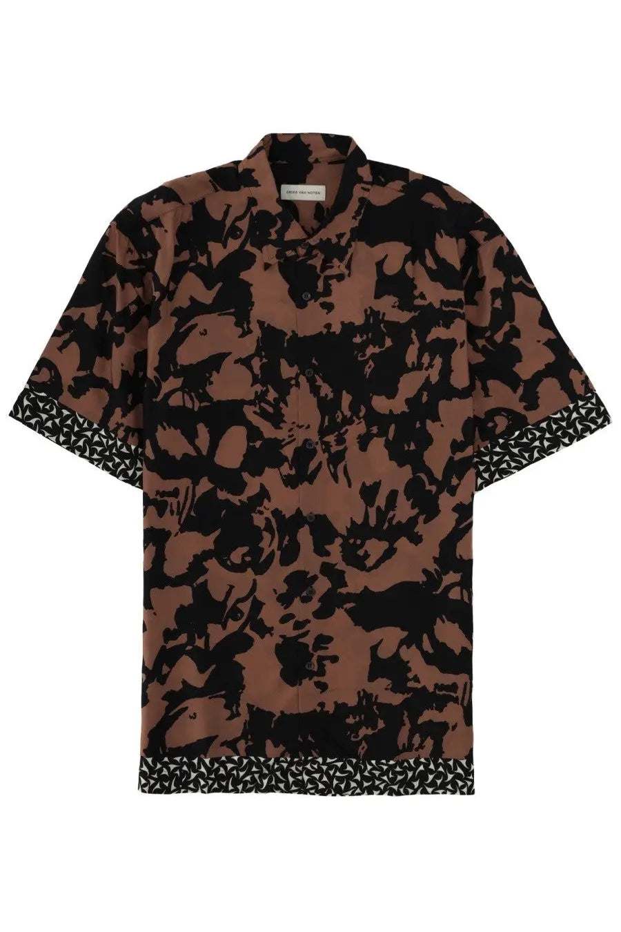 Dries Van Noten men’s cassidye short-sleeved button-up shirt with brown and black floral pattern and geometric trim