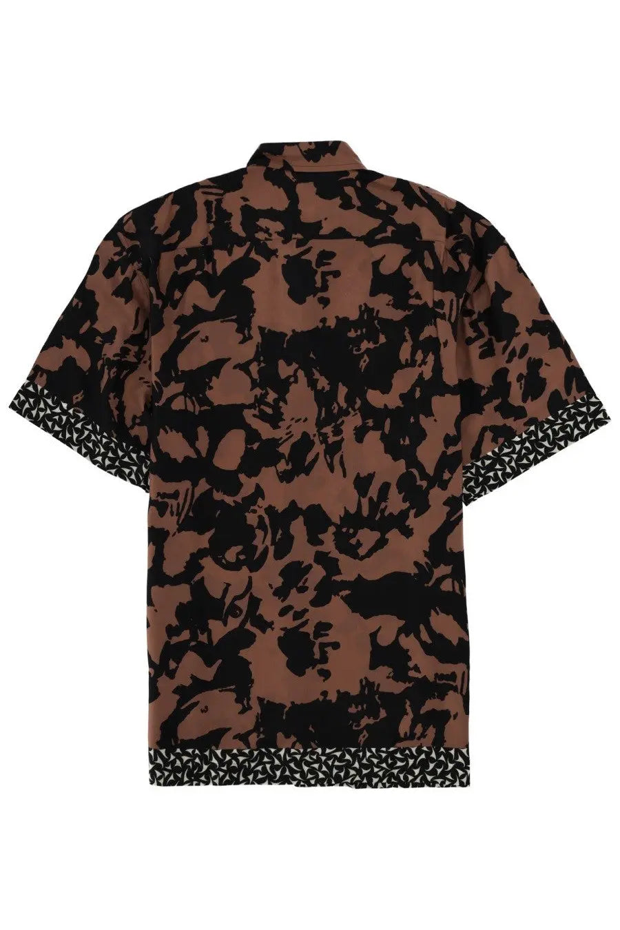 Dries van noten men’s cassidye short-sleeved shirt in brown and black floral pattern with geometric trim at cuffs and hem