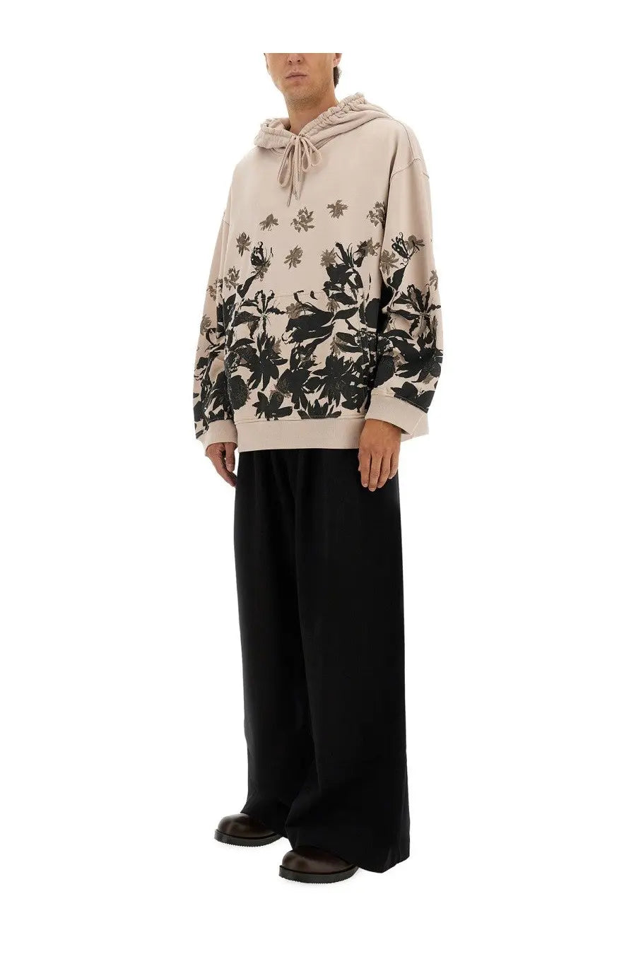 Beige Dries Van Noten men’s cotton hoodie with black floral print and a drawstring hood in white color
