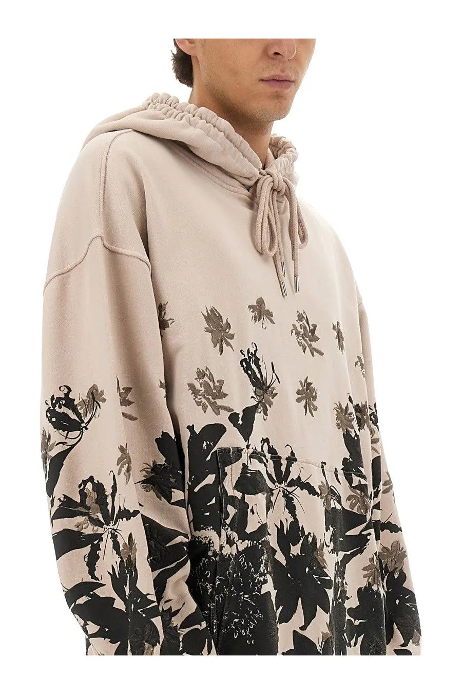 Dries Van Noten men’s cotton hoodie white beige with black and gray floral print and drawstring hood