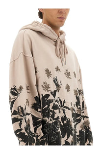 Dries Van Noten men’s cotton hoodie white beige with black and gray floral print and drawstring hood