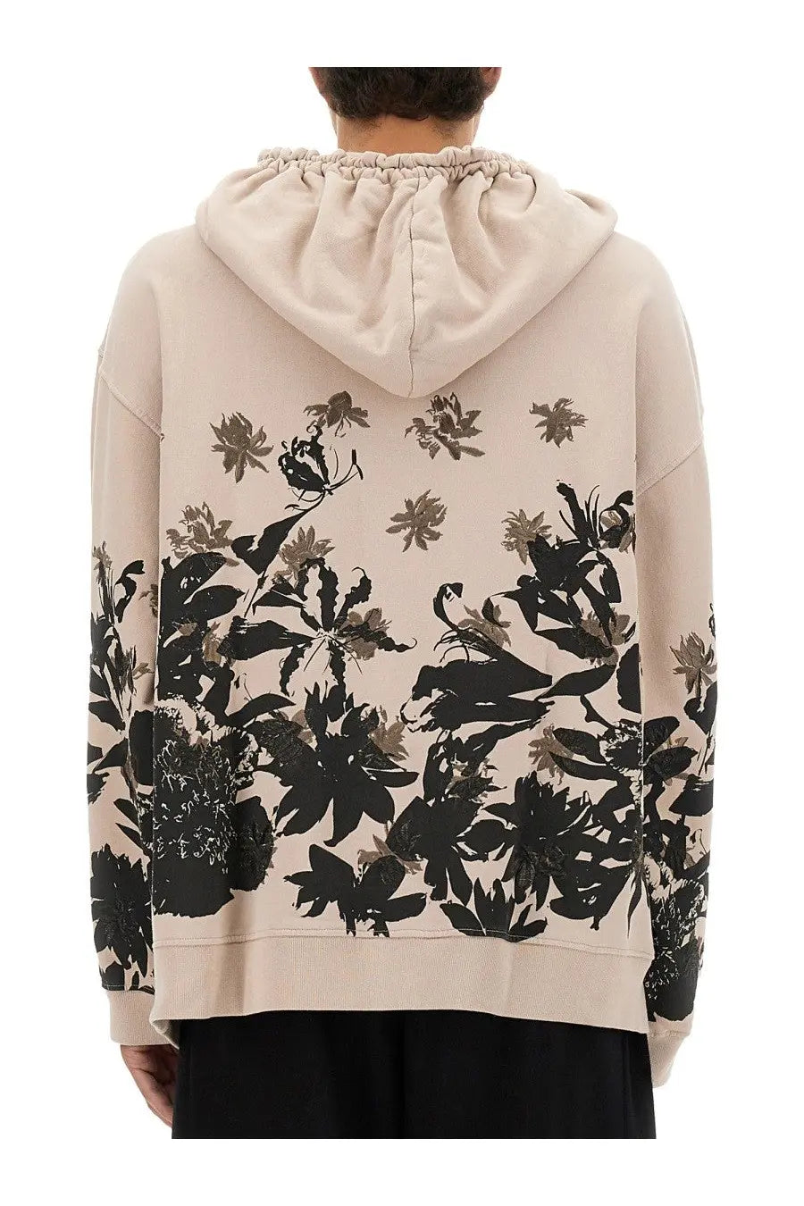 Beige cotton dries van noten men’s hoodie with bold black and gray floral print on the back and sleeves