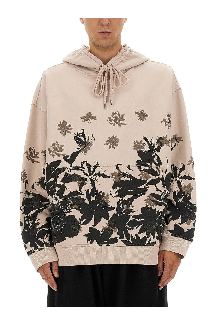 Dries van noten men’s cotton hoodie in beige with bold black and gray floral print elastic drawstring hood ribbed cuffs