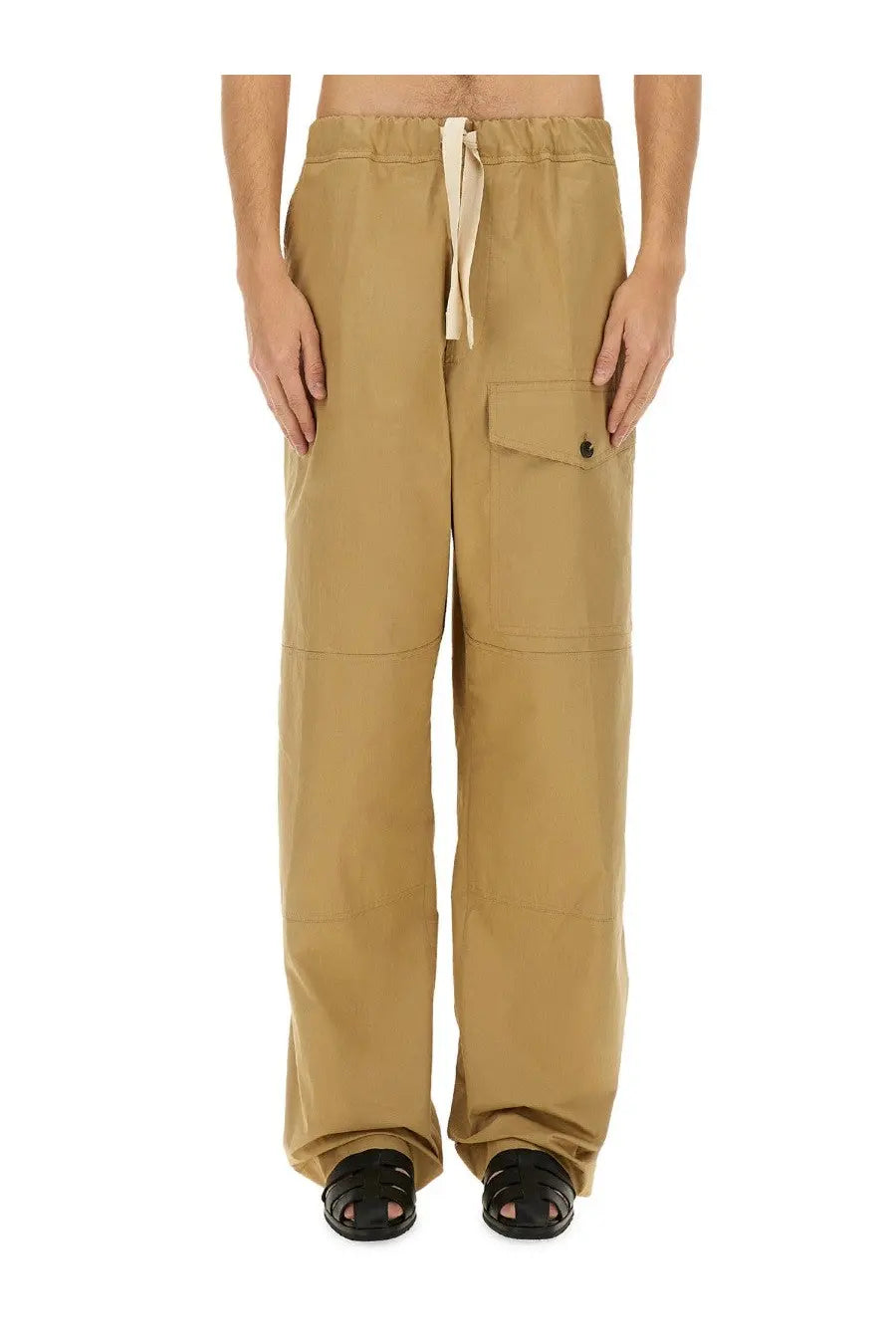 Beige cotton cargo pants for men by Dries Van Noten featuring a drawstring waist and multiple pockets