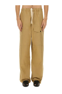 Beige cotton cargo pants for men by Dries Van Noten featuring a drawstring waist and multiple pockets