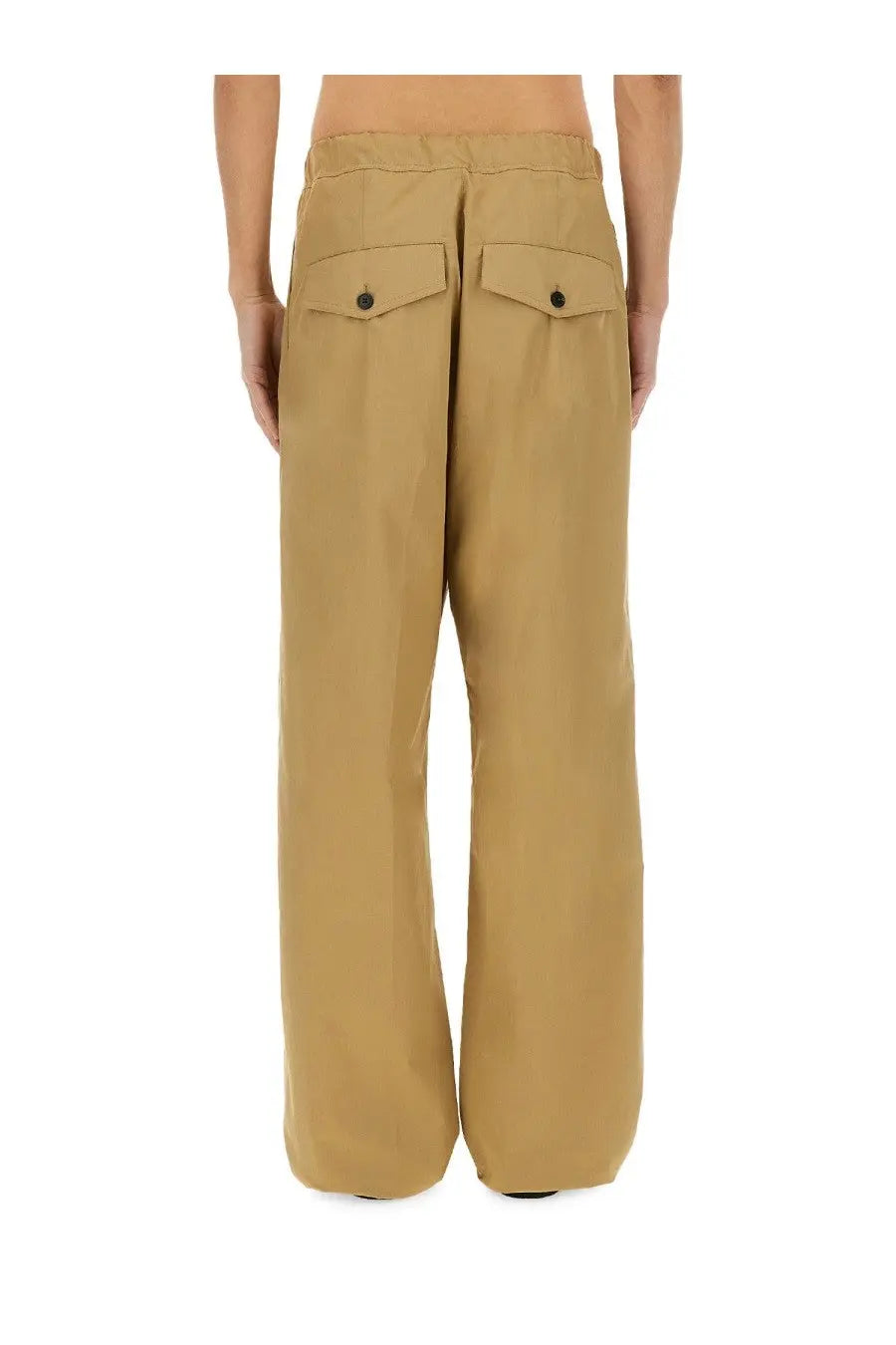 Dries Van Noten men’s beige cotton trousers with wide legs and tan flap pockets secured by black buttons