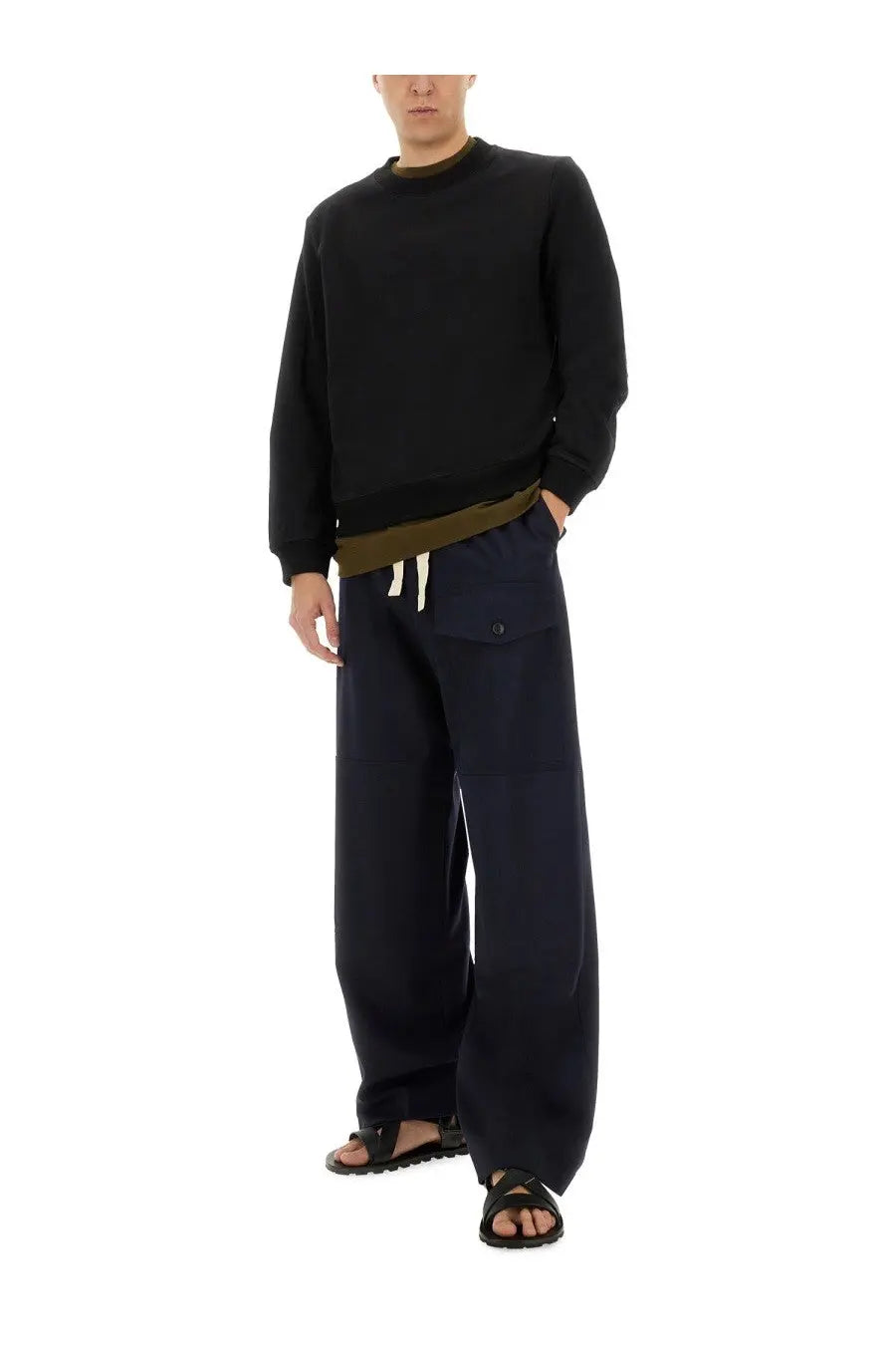 Black wide-leg cotton trousers by dries van noten with a drawstring waist and side pockets for men