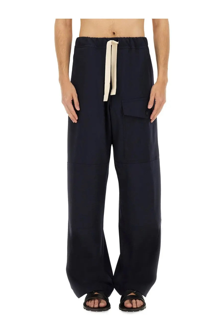 Dark navy wide-leg cotton pants with drawstring waist and front pockets by dries van noten for men