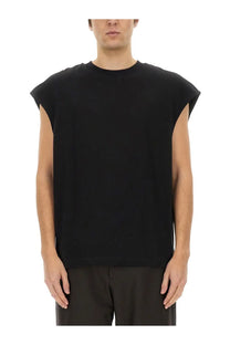 Dries Van Noten men’s black cotton sleeveless t-shirt with relaxed fit and ribbed crew neckline front view