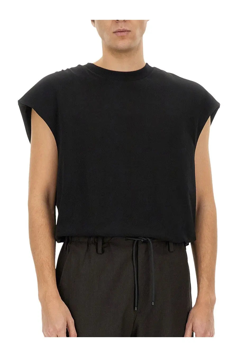 Black sleeveless cotton t-shirt with relaxed fit and cropped hem by Dries Van Noten men’s shirt black