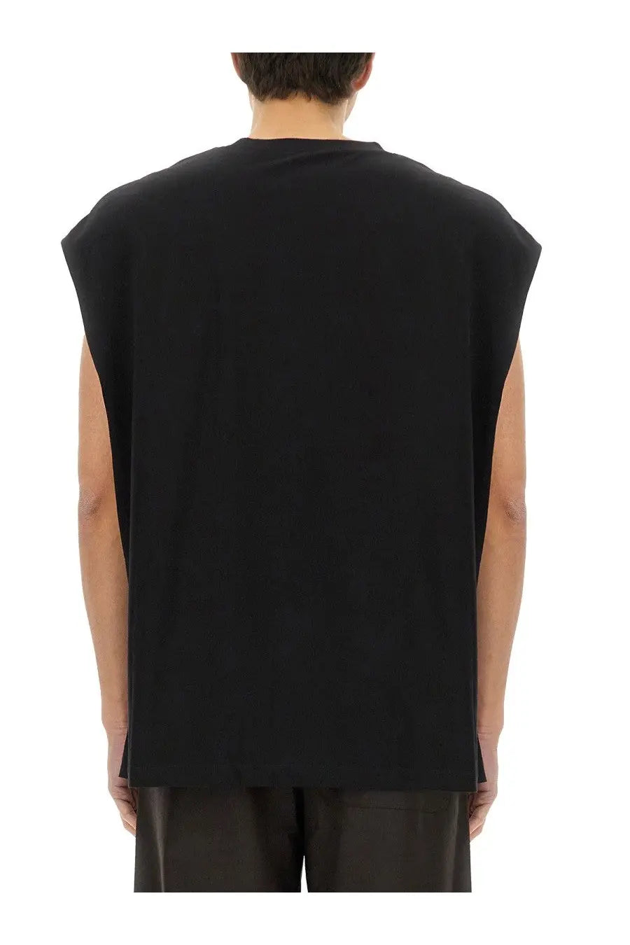 Dries Van Noten men’s black sleeveless cotton t-shirt with relaxed fit and subtle side slits