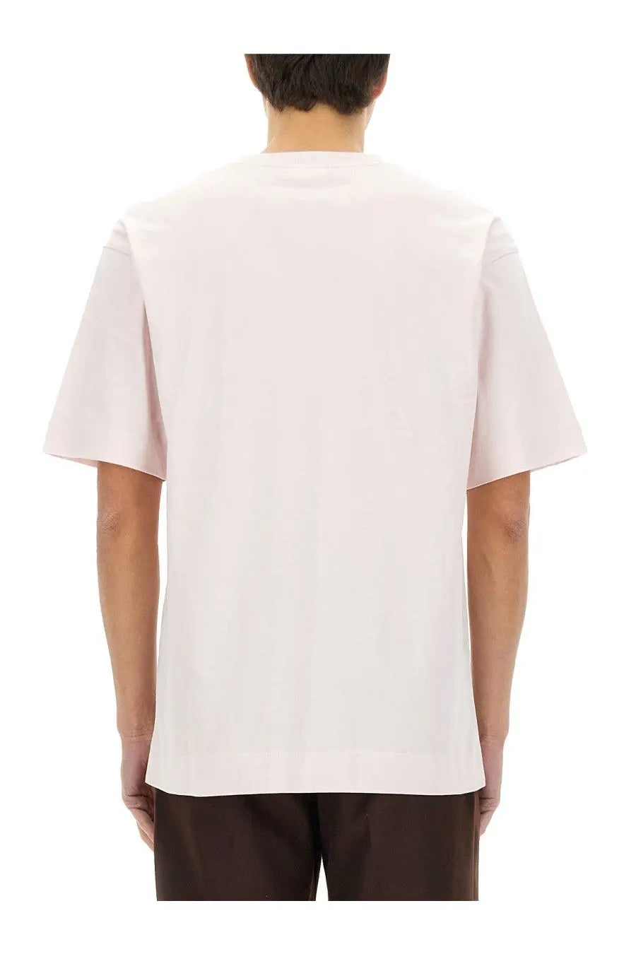 A pale pink short-sleeved crew neck cotton t-shirt by Dries Van Noten men’s cotton shirt blue collection