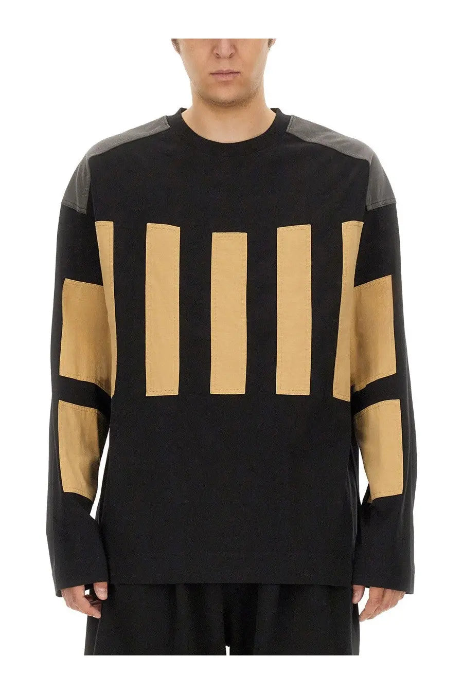 Dries Van Noten men’s black cotton sweatshirt with tan geometric panels on shoulders sleeves and front