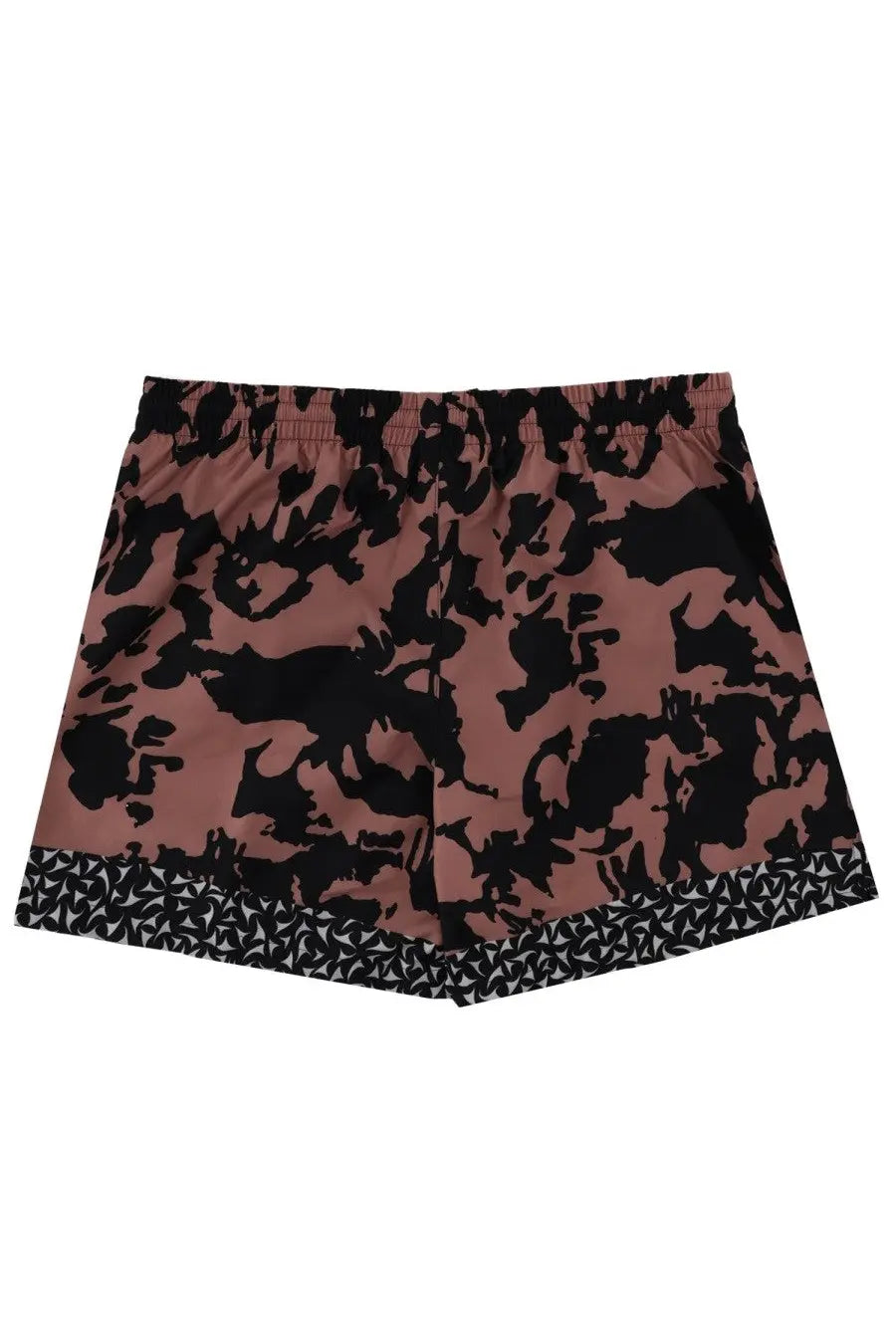 Dries Van Noten men’s floral print swimsuit blue featuring pink and black abstract patterned shorts with geometric trim