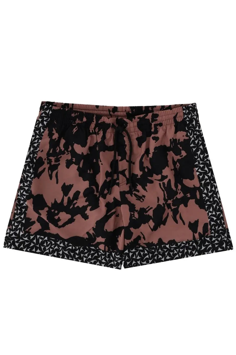 Dries van noten men’s floral print swimsuit blue with pink and black floral patterned shorts and geometric trim