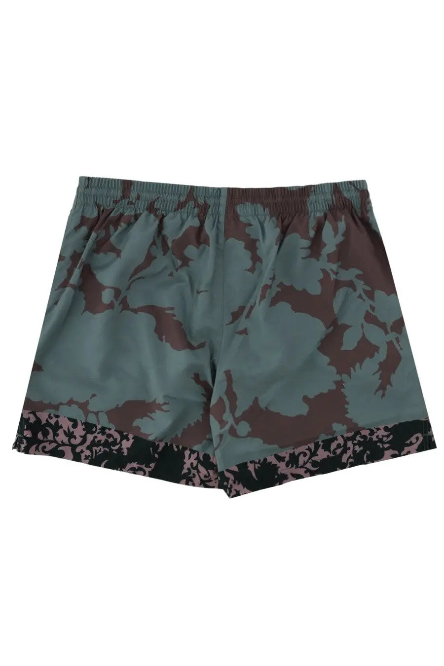 Dries Van Noten men’s floral print swimsuit green with camouflage shorts teal brown floral elastic waistband lace trim