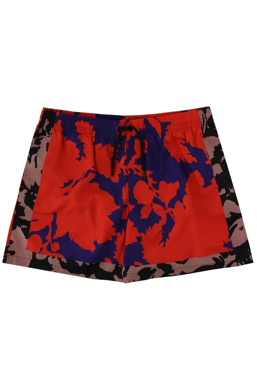 Dries Van Noten men’s swim trunks with vibrant red and navy blue floral print and camouflage side panel