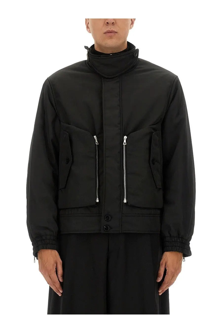 Dries Van Noten men’s black high neck bomber jacket with silver zippers and elastic cuffs in Venice style