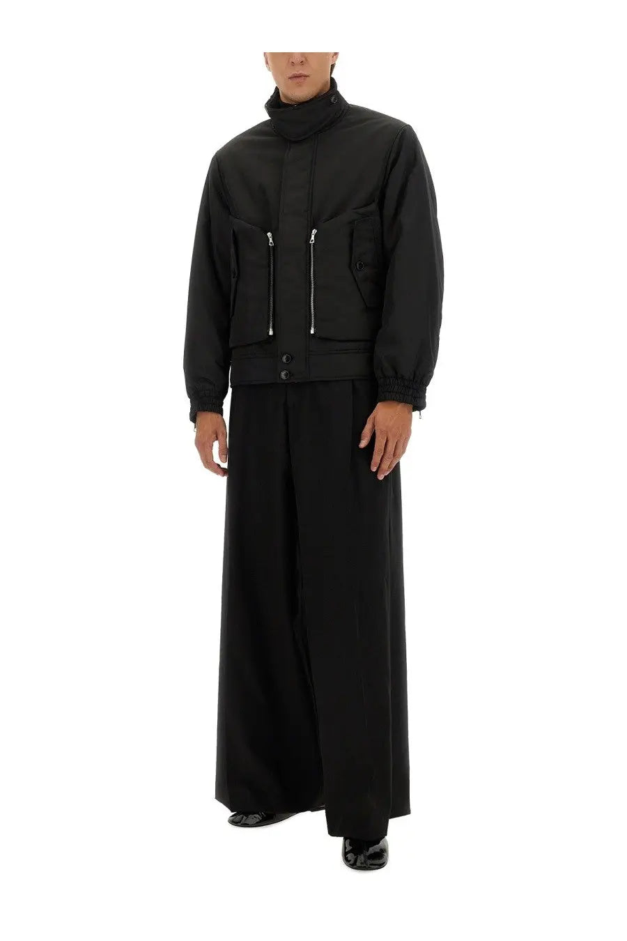 Dries Van Noten men’s black high-necked bomber jacket with silver zippers and button closures
