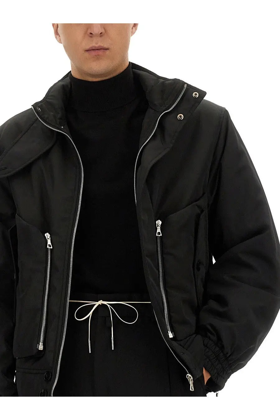 Dries Van Noten men’s black hooded jacket with silver zippers and snap buttons in Venice design