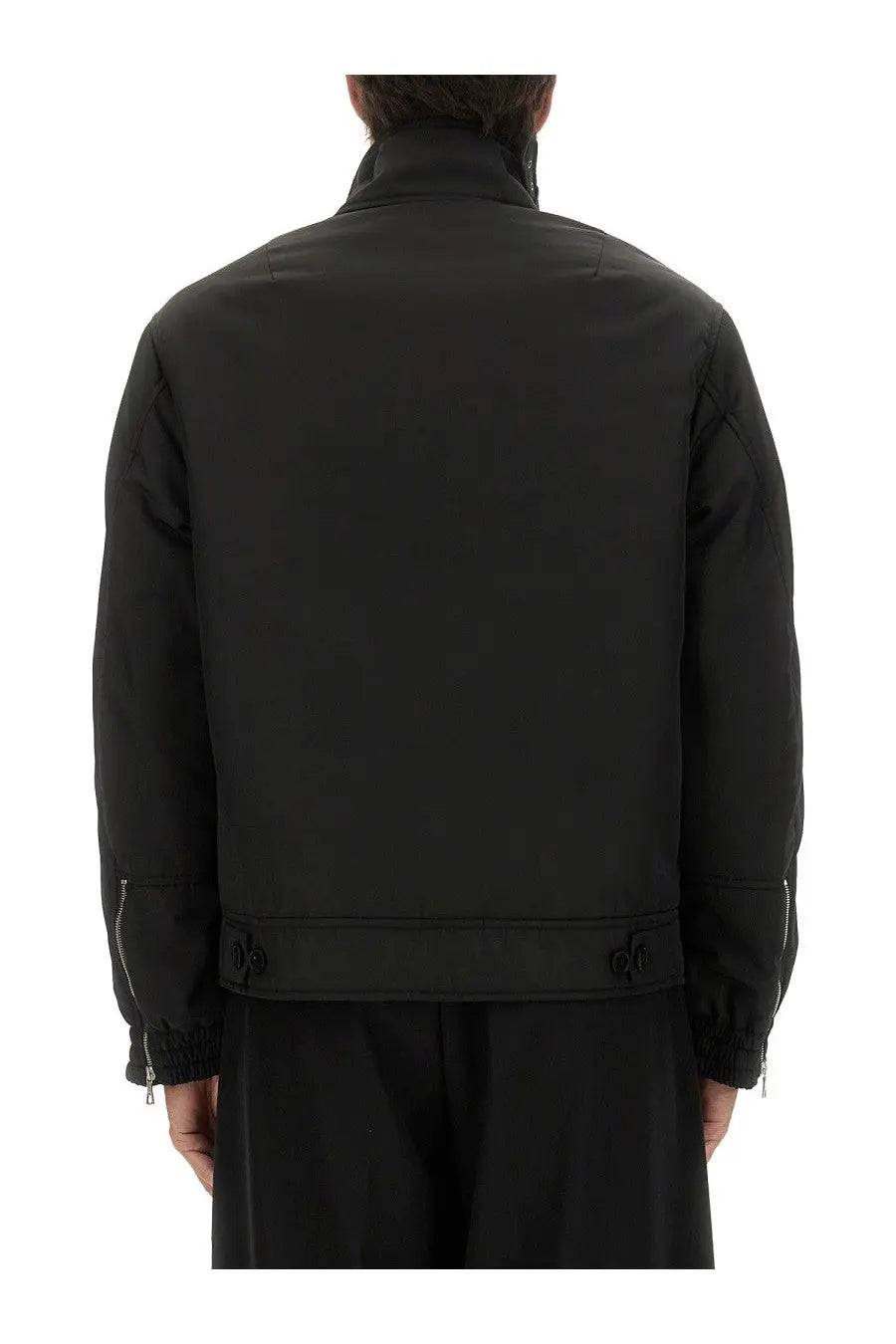 Black nylon bomber jacket with ribbed cuffs and hem and zipper details on sleeves by dries van noten men’s venice black