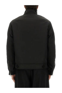 Black nylon bomber jacket with ribbed cuffs and hem and zipper details on sleeves by dries van noten men’s venice black