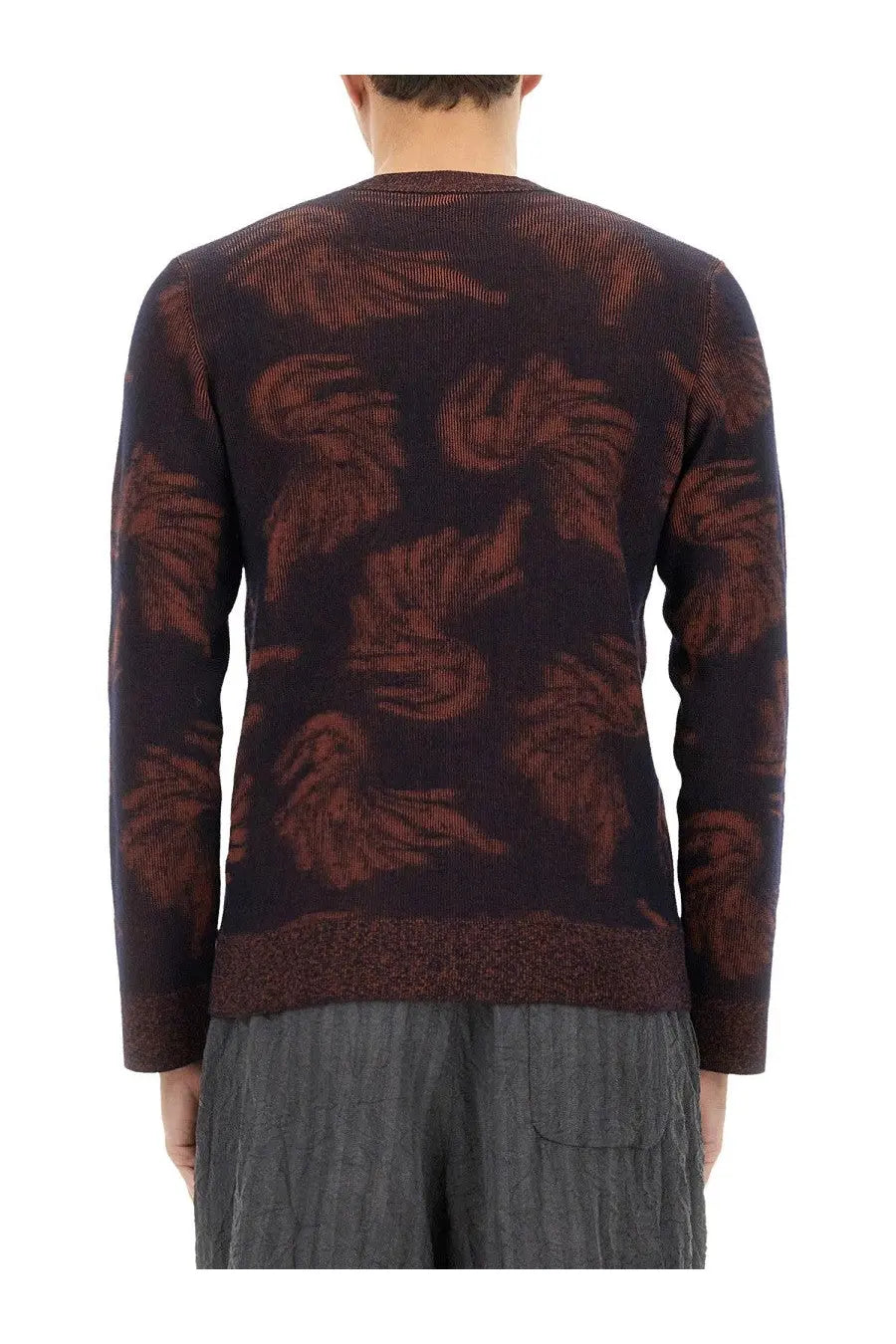 Dark brown knitted sweater with reddish brown feather jacquard pattern from dries van noten men’s multicolor collection