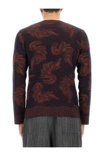 Dark brown knitted sweater with reddish brown feather jacquard pattern from dries van noten men’s multicolor collection