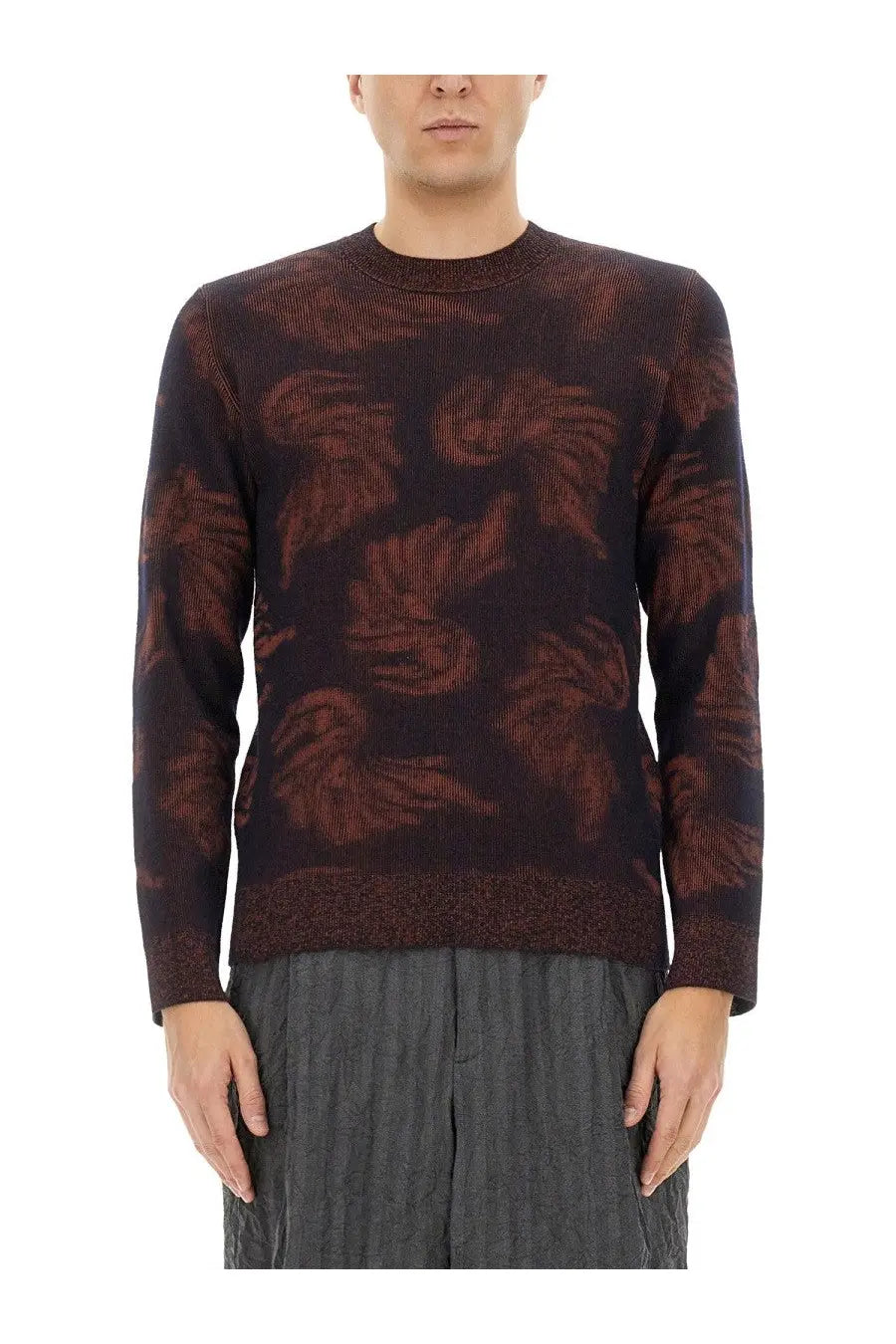 Dark brown long-sleeved knit sweater by dries van noten featuring a subtle rust-brown leaf jacquard pattern