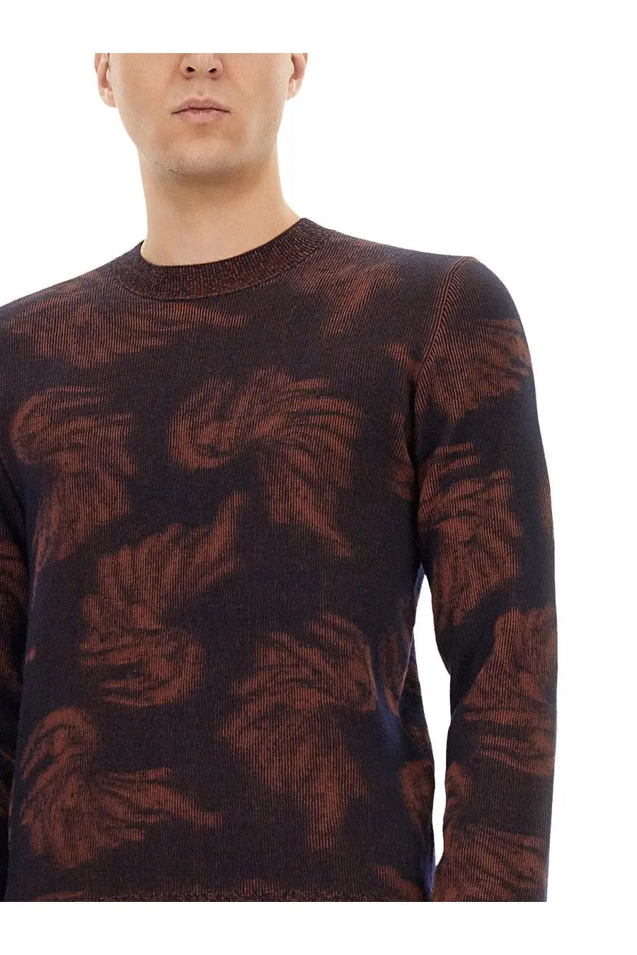 Dries Van Noten men’s dark brown jacquard knit sweater with subtle reddish-brown leaf pattern