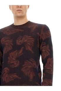 Dries Van Noten men’s dark brown jacquard knit sweater with subtle reddish-brown leaf pattern
