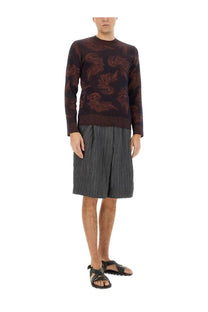 Dark burgundy long-sleeved jacquard knit sweater with subtle leaf pattern by dries van noten for men