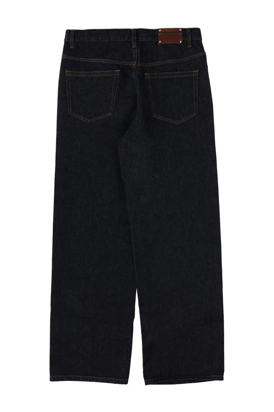 Dark indigo pine blue straight-leg denim jeans for men with brown leather brand patch at waistband by dries van noten