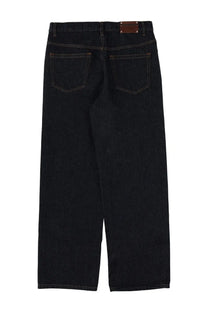 Dark indigo pine blue straight-leg denim jeans for men with brown leather brand patch at waistband by dries van noten