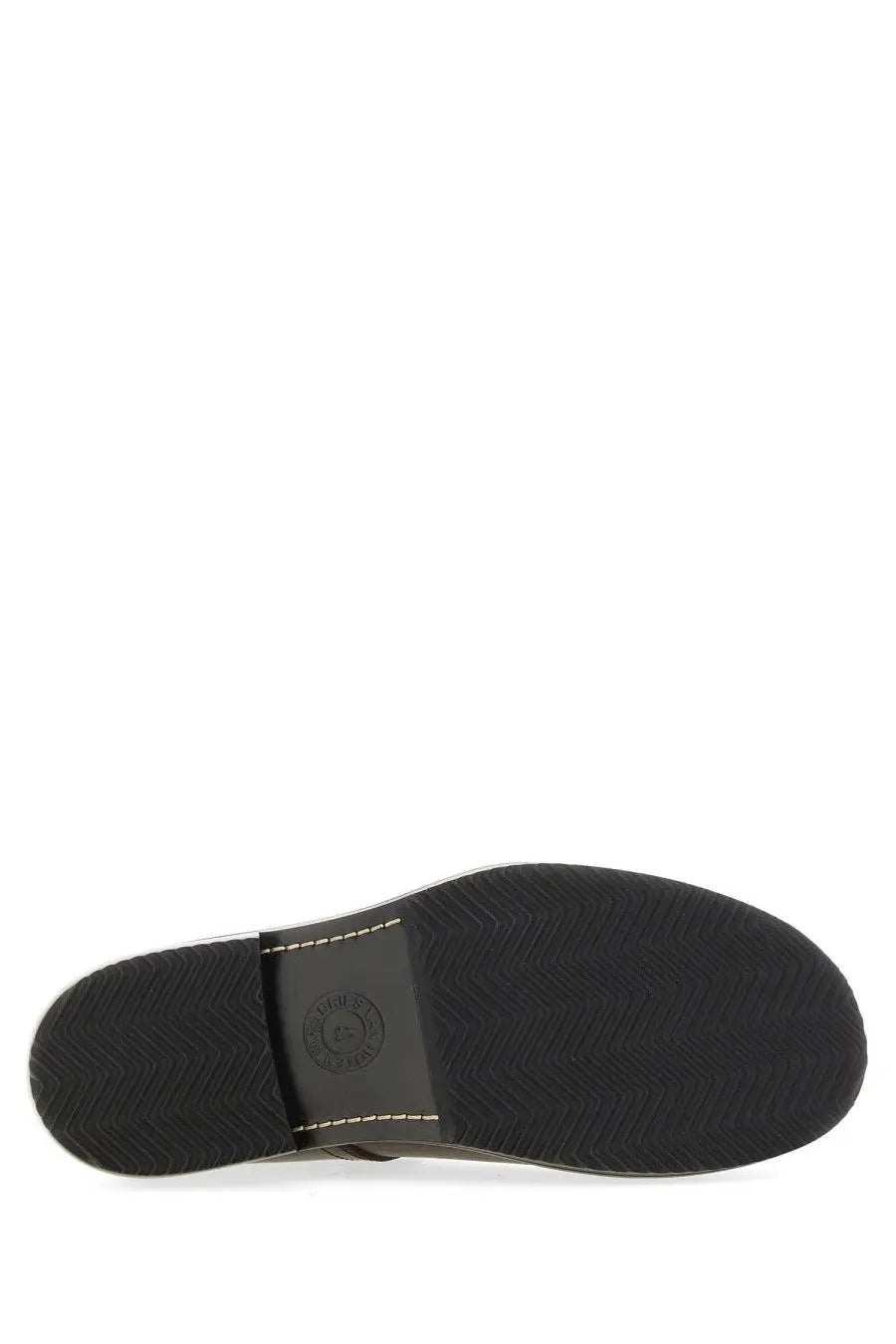 Back view of dries van noten men’s leather clogs brown showing black rubber sole with herringbone tread and stitched seam